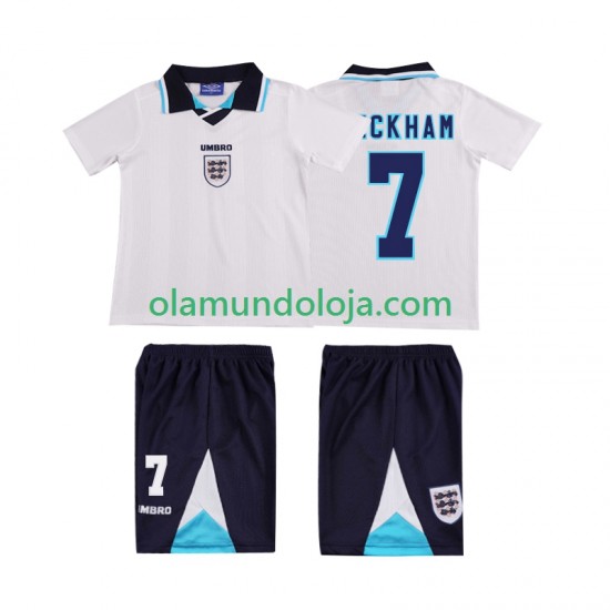 Camisola Inglaterra Beckham 7 1996 Retro Criança Equipamento Primeiro Manga Curta